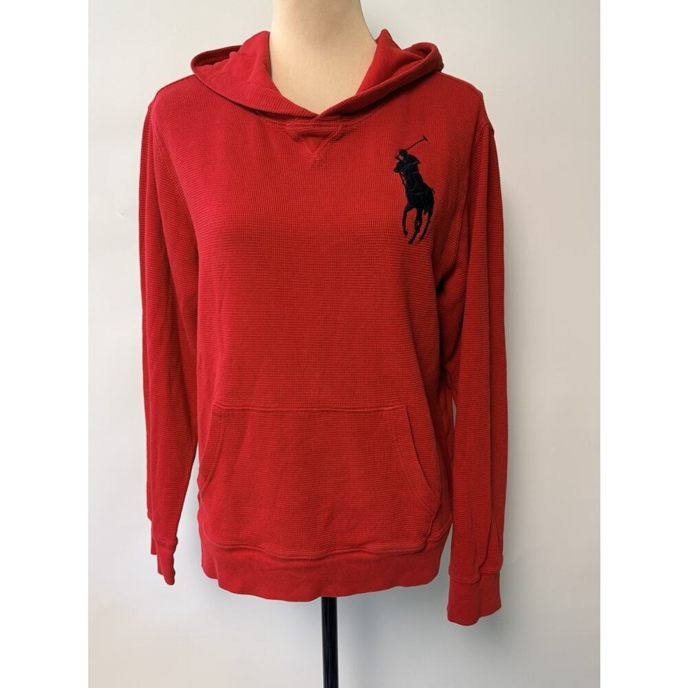 Polo Lauren Ralph Big Pony Hoodie Women Red Large Thermal Waffle Knit Nautical